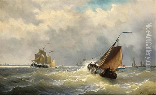 Shipping In Choppy Waters, A Town In The Distance Oil Painting - Willem Gruyter The Younger