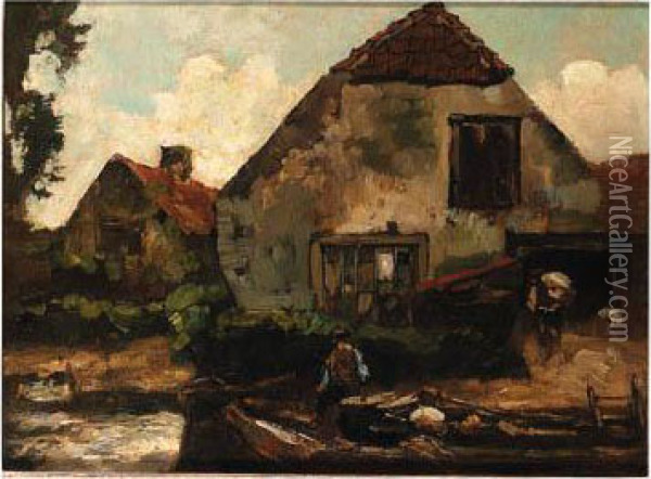 Peasants Unloading A Barge By A Farm Oil Painting - Willem de Zwart