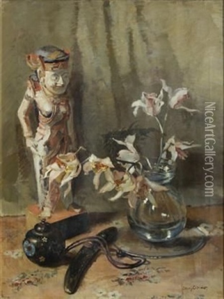 Still Life With Orchids And Oriental Objects Oil Painting - Frans David Oerder