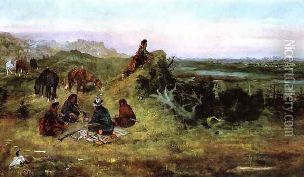 The Piegans Preparing to Steal Horses from the Crows Oil Painting - Charles Marion Russell