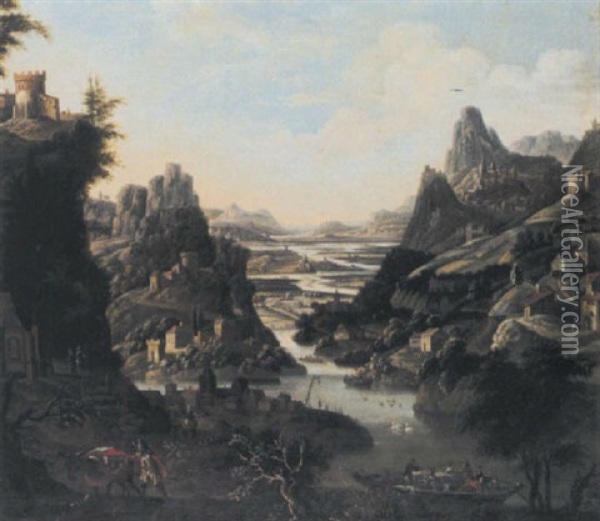 A Rhenish Landscape With A Ferry Oil Painting - Jan Griffier the Elder
