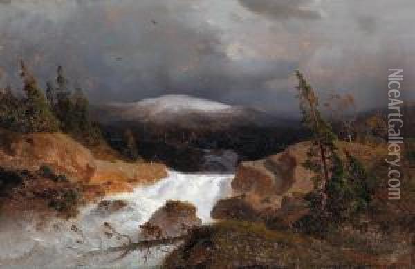 Norwegian Mountain Landscape With A Mountain Stream Oil Painting - Andreas Achenbach