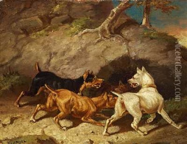 Tre Hunde Ved En Raevegrav Oil Painting - Carl Fredrik Kiorboe