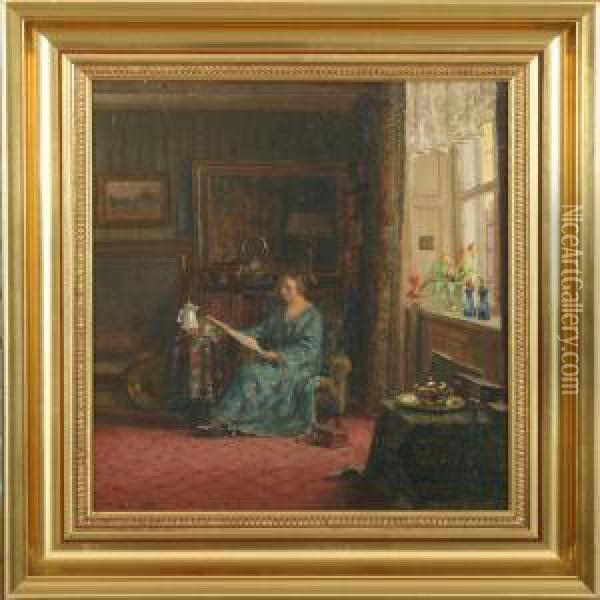 Interior With Readingwoman Oil Painting - Gerhard Lichtenberg Blom