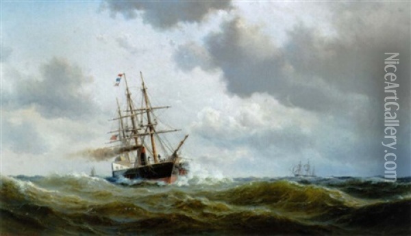 Marine Med Hjuldamper Pa Havet Oil Painting - Vilhelm Melbye
