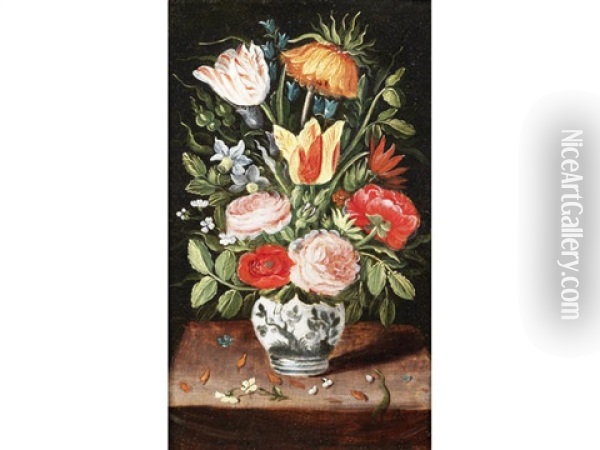 Tulips, Roses, Narcissi And Other Flowers In A Vase On A Table Top Oil Painting - Andries Daniels