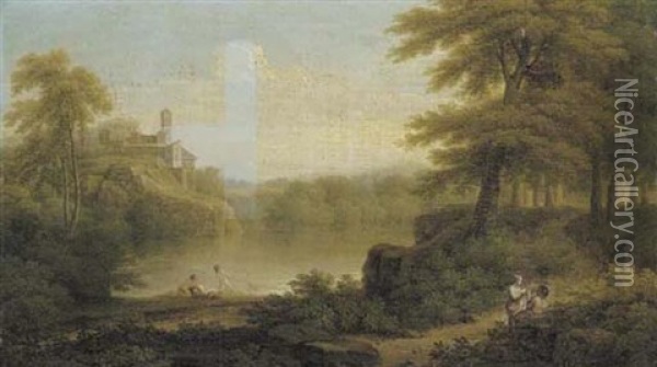 An Italianate Wooded Lakeside Landscape With Figures In The Foreground And A Town On A Hill Beyond Oil Painting - George Lambert