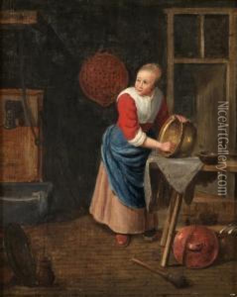 Hans Krets, Koksinterior Kvinna Putsande Massingskittel Oil Painting - Quiringh Gerritsz. van Brekelenkam