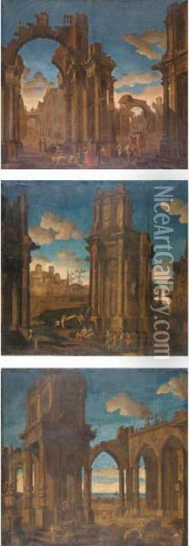 Capricci With Figures Among Classical Ruins Oil Painting - Pietro Paltronieri Il Mirandolese