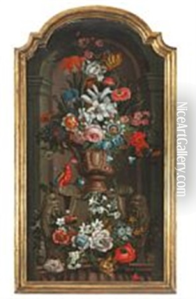 Still Life With Flowers And A Parrot Oil Painting - Andrea Scacciati