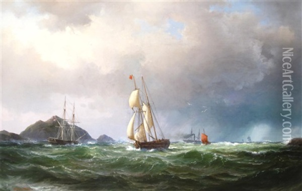 Vessels In A Rocky Channel In Boisterous Seas Oil Painting - Vilhelm Melbye