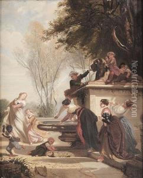 At The Fountain Oil Painting - Henri Baron