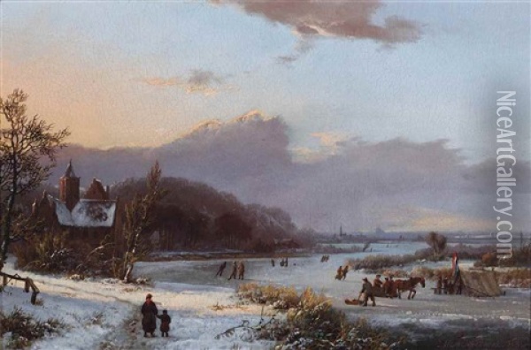 A Winter Landscape With Skaters On The Ice Near A Koek-en-zopie Oil Painting - Marinus Adrianus Koekkoek