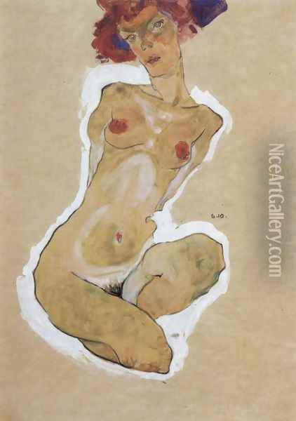 Squatting feminine act Oil Painting - Egon Schiele