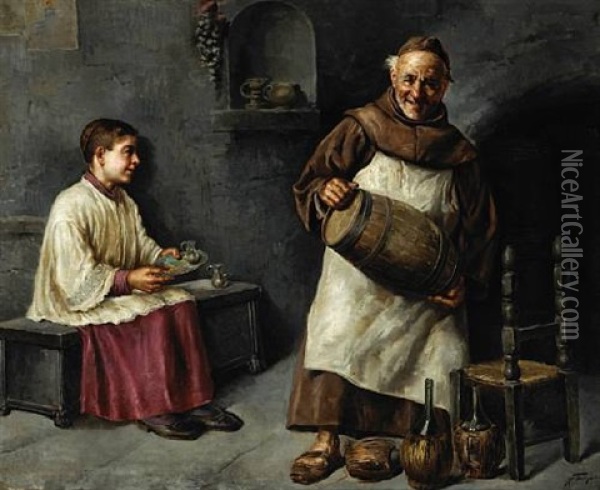 A Monk And A Young Acolyte In A Wine Cellar Oil Painting - Raffaele Frigerio