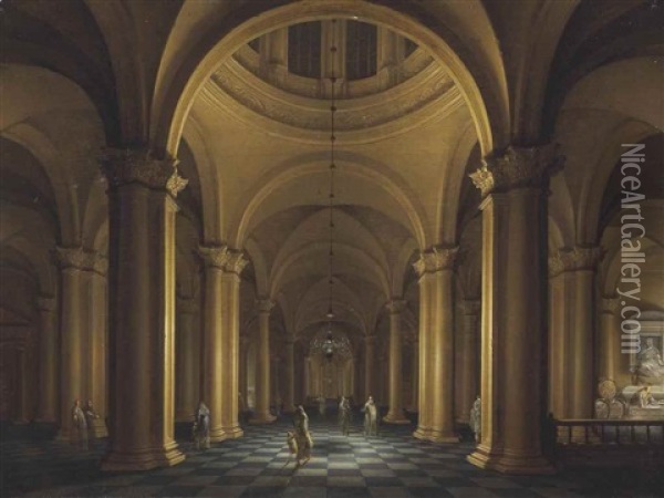 An Imaginary Church Interior By Night Oil Painting - Anthonie Delorme