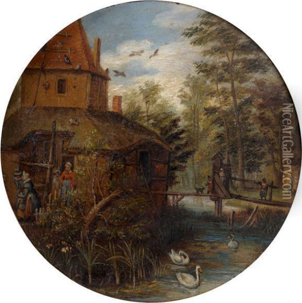 Paysans Devant Une Chaumiere En Bord De Riviere Oil Painting - Jan The Elder Brueghel