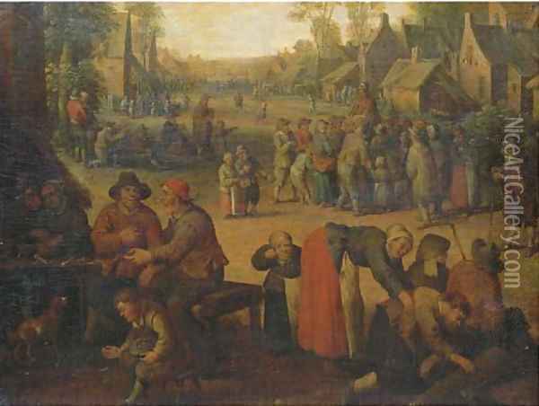 A village scene with numerous peasants and a travelling merchant beyond Oil Painting - Cornelis Droochsloot
