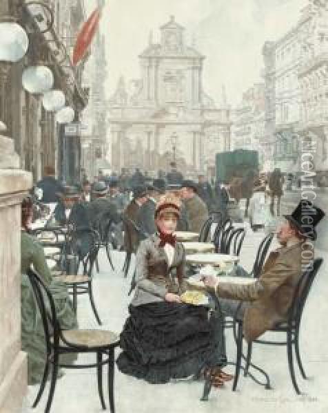 The Sidewalk Cafe Oil Painting - Franz Bernard Gailliard