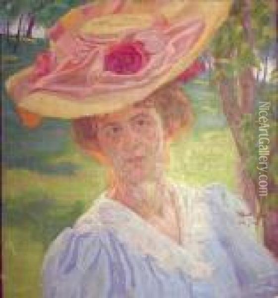 Portrait De Femme Au Chapeau Rose Oil Painting - Raphael-Leon Leguilloux