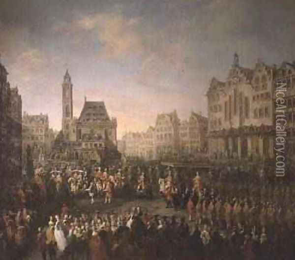 The coronation procession of Joseph II 1741-90 in Romerberg 1764 Oil Painting - Martin II Mytens or Meytens