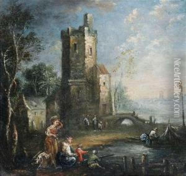 River Landscape With A Round Tower And Staffage Figures. Oil Painting - Maximilian Joseph Schinnagl