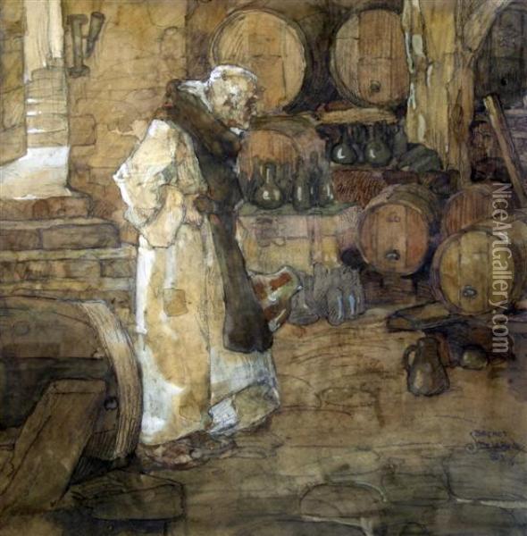 Monk In A Wine Cellar Oil Painting - Stephen Baghot de la Bere