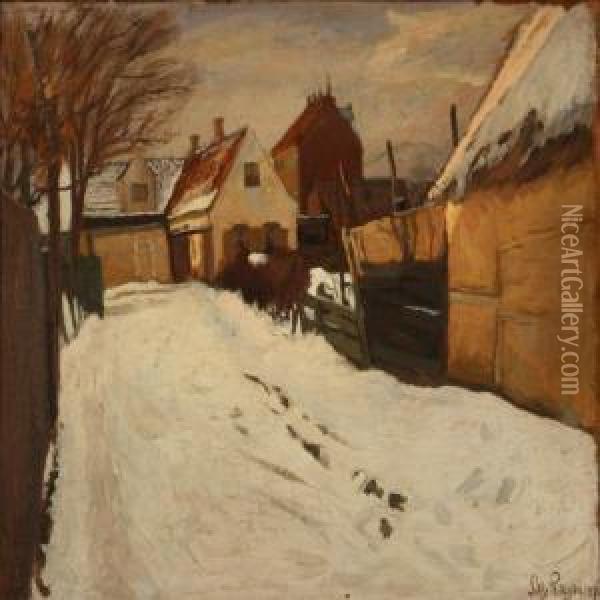 A Danish Street Scene, Winter Time Oil Painting - Sally Philipsen