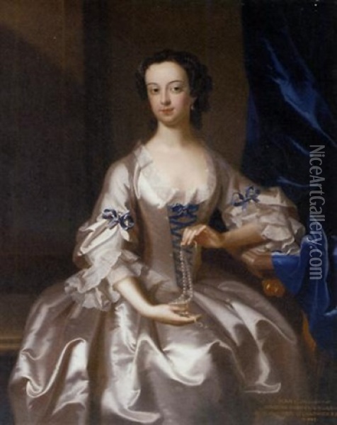Portrait Of Mary Rand, Seated, In An Oyster-satin Dress With Blue Ribbons, Holding A String Of Pearls, In An Interior By A Blue Velvet Curtain Oil Painting - Enoch Seeman