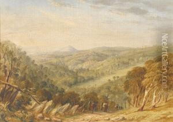 Australian Landscape With Travellers On A Path Oil Painting - George Edward Peacock