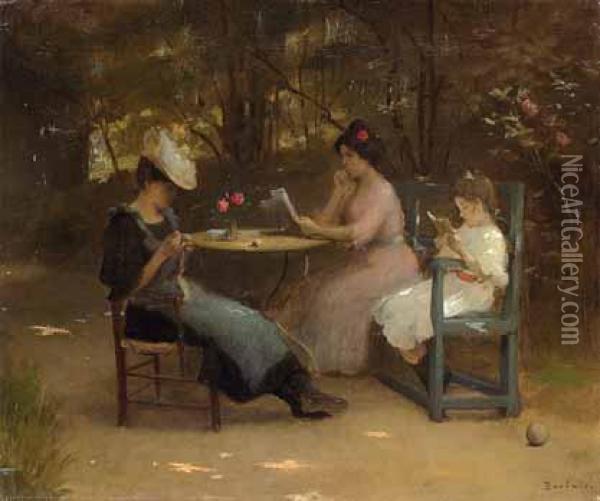 Zwei Junge Damen Und Ein Kind An Einem Tisch Lesend Und Strickend In Einem Park Sitzend. Oil Painting - Auguste I Boulard