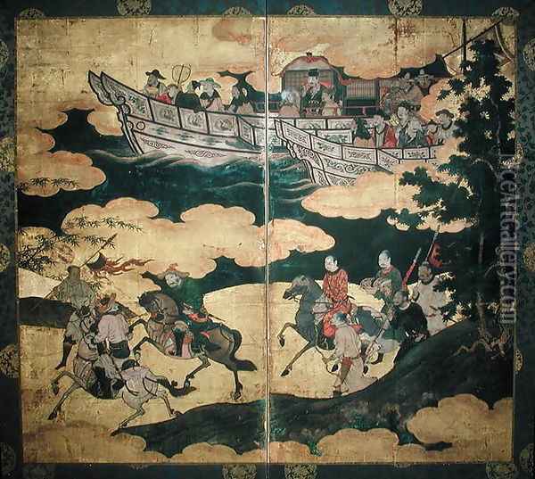 Tartar Envoys Arriving in Ships Their Advance Party Ashore Momoyama Period Oil Painting - Eitoku Kano