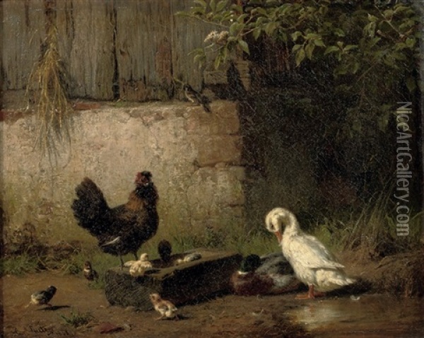Poultry In The Farmyard Oil Painting - Carl Jutz the Elder