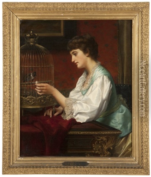 Woman Feeding A Finch Oil Painting - Jan Portielje