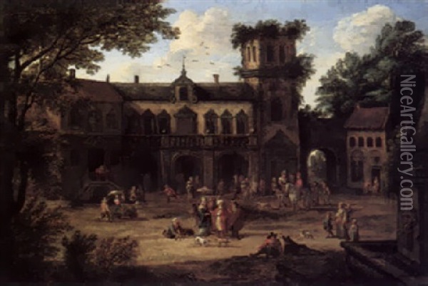 A Merchant And His Entourage In A Square, A Civic Building And A Tower Gate Beyond Oil Painting - Mathys Schoevaerdts