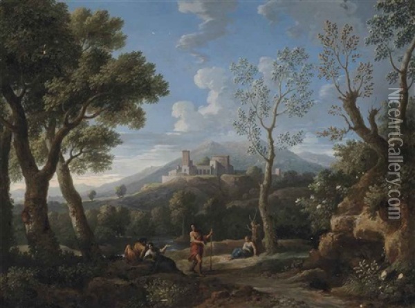 An Extensive Landscape With Classical Figures At Rest, A Hill-top Town Beyond Oil Painting - Jan Frans van Bloemen