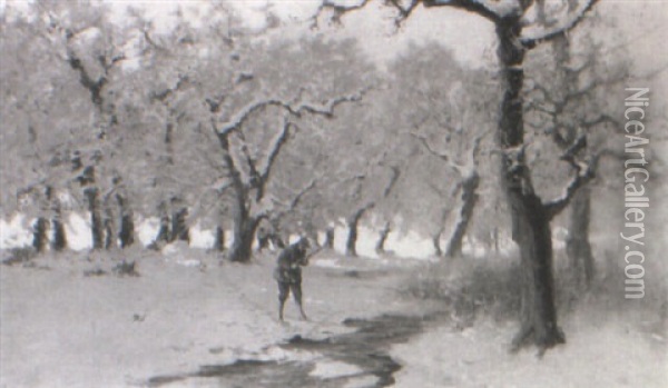Huntsman In Winter Wooded Landscape Oil Painting - Antal (Laszlo) Neogrady