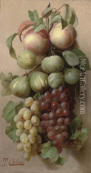 Peaches, Plums, Figs And Grapes Hanging On A Wall Oil Painting - Tito Chelazzi