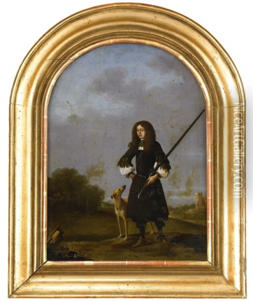 Portratt Av Man Och Hund I Landskap Oil Painting - Toussaint Gueltton