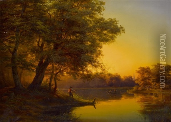 Teichlandschaft Bei Abendstimmung Oil Painting - Johann (Hans) Beckmann