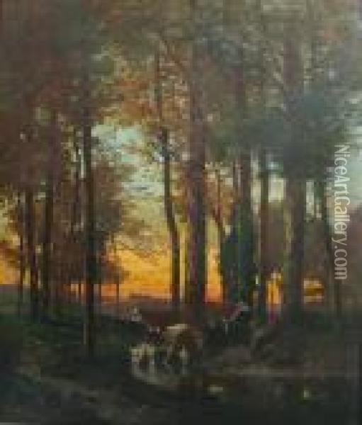 A Wooded Grove With A Cowherd And Cattle Resting By A Stream Oil Painting - Alexandre Defaux