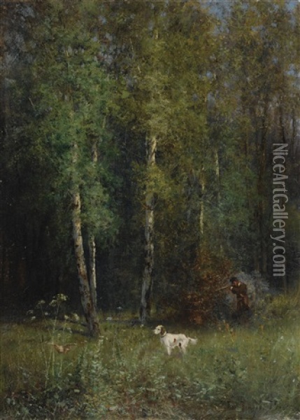 Hunting In The Woods Oil Painting - Ivan Pavlovich Pokhitonov