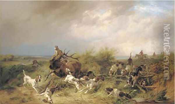 A stag hunt in a coastal landscape Oil Painting - Benno Adam