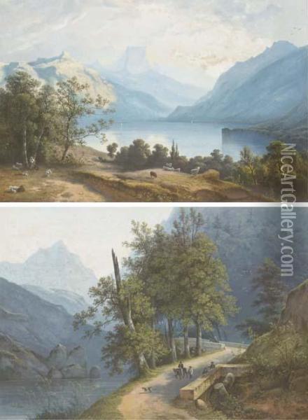 A View Of An Alpine Lake With A Shepherd And His Flock Oil Painting - Henri Knip