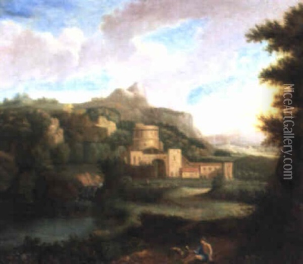Italienische Landschaft Mit Einem Wehrhof An Einem Bach Oil Painting - Jan Van Huysum