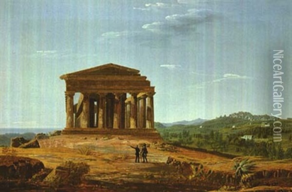 The Temple Of Concordia With Two Figures In The Foreground, The Town Of Agrigento In The Distance Oil Painting - Francesco Zerillo