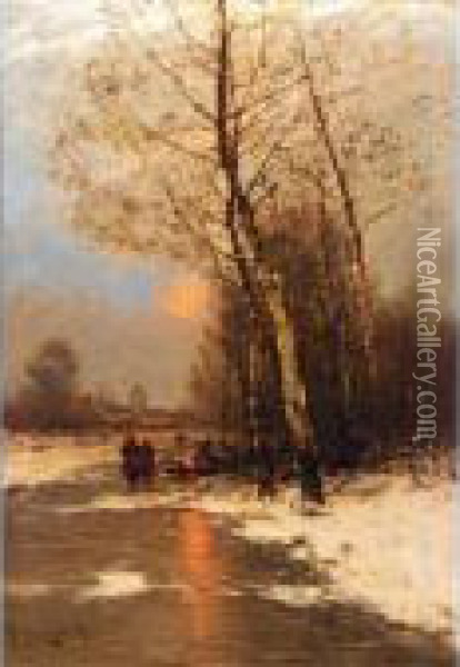 Dutch Winter Landscape Oil Painting - Johann Jungblutt