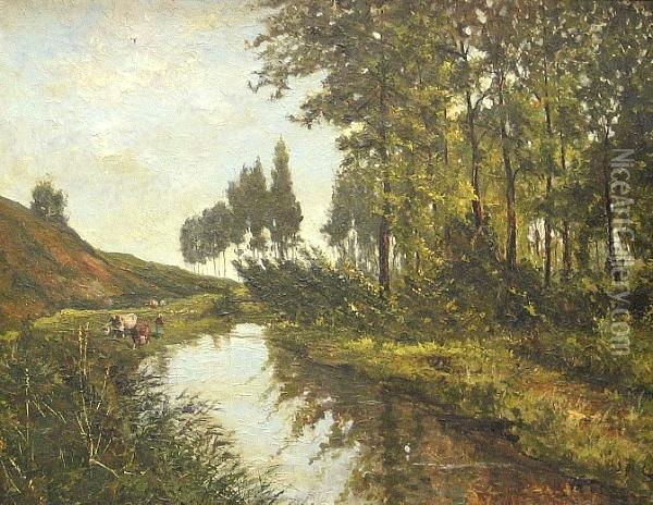 A River Landscape With Cattle Watering Oil Painting - Jean De Haen
