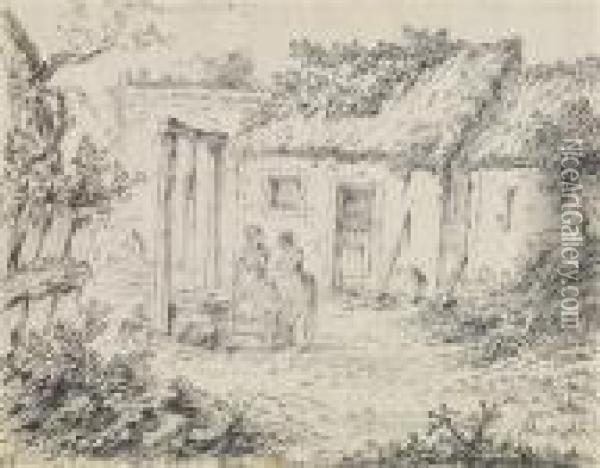 Zweiwascherinnen Am Ziehbrunnen Und Zwei Bauerinnen Vor Derscheune Oil Painting - Johann Georg Wille