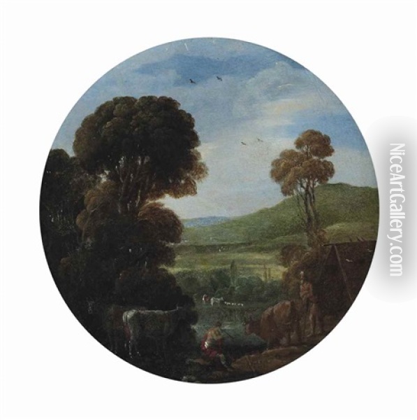 A Wooded River Landscape With Drovers And Their Cattle Oil Painting - Goffredo Wals